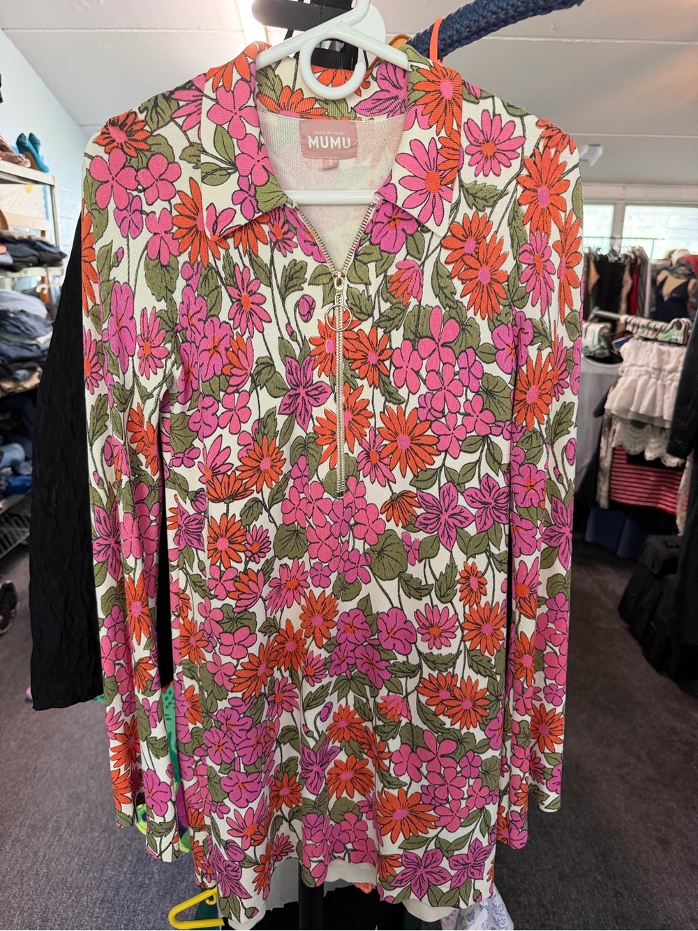 Mumu Floral Zip-Front Long Sleeve dress in Pink & Orange size small
